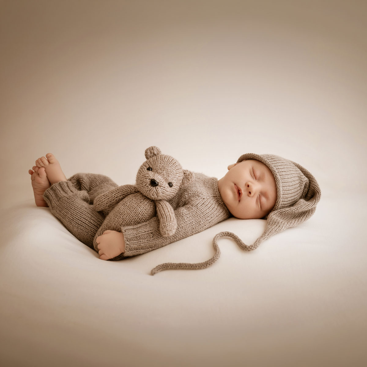 Schlafendes Neugeborenes mit Strickmütze neben einem Teddy