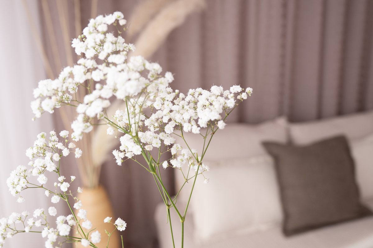Weiße Blüten und Leinenkissen im Fotostudio